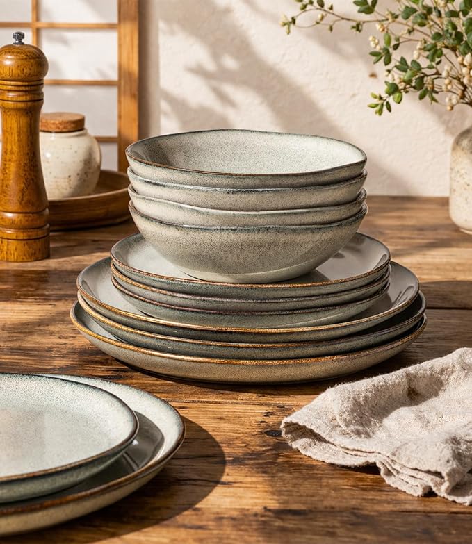 GBHOME Stoneware Dinnerware Sets for 8, 24 Pieces Rustic Ceramic Plates and Bowls Set, Handmade Reactive Glaze Plate Sets, Highly Chip Resistant Dishes, Microwave & Dishwasher Safe, Green Wheat