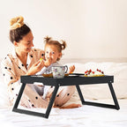 Bamboo Bed Tray Table with Foldable Legs, Breakfast in Bed Tray for Eating, Kitchen Serving Trays, Folding Table for Sofa, Beds, Eating, Working, Used As Laptop Desk Snack Trays, Large Black