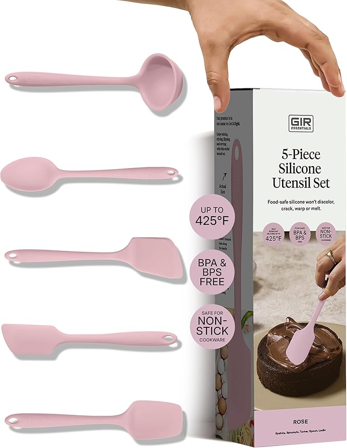 GIR 5-Piece Silicone Kitchen Utensils Set, Non-Toxic Cooking Utensils for Cooking and Baking, Heat Resistant, Food Grade, Dishwasher Safe Rubber Spatula, Ladle, Spoon - Rose