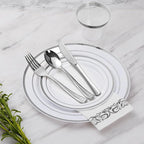 Goodluck 175 Pieces Silver Dinnerware Set for 25 Guests, Plastic Plates Disposable for Party, Include: 25 Silver Dinner Plates, 25 Dessert Plates, 25 Paper Napkins, 25 Cups, 25 Silverware Set