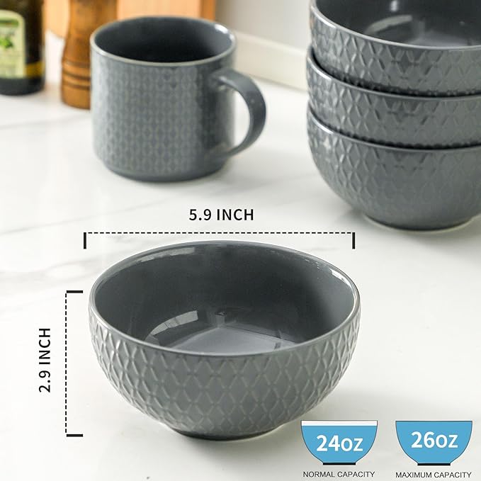 HASENSE Cereal Bowls Set of 4, 26 OZ Ceramic Soup Bowls,Stoneware Porcelain Cereal Bowls for Soup, Cereal, Oatmeal, Fruit, Salad, Embossed Pattern, Cereal Bowls for Kitchen & Home, Gray