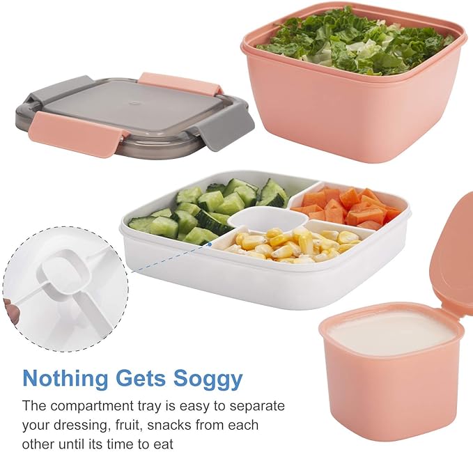 Freshmage Lunch Container To Go, 2 Packs 52-oz Salad Bowls With 3 Compartments, Dressings Container for Toppings, Snacks, Men, Women (Pink+Pink)