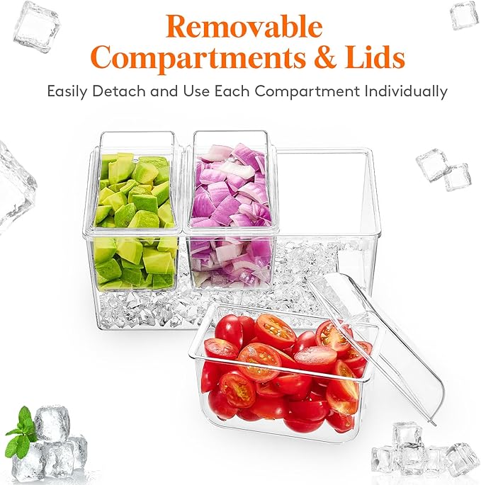 Lifewit Taco Bar Serving Set for Party with 3 x 20 oz Containers & Components, Ice Chilled Condiment Caddy Organizer, Garnish Serving Tray Platter for Mimosa Bar Accessories, Fruit, Salad, Food