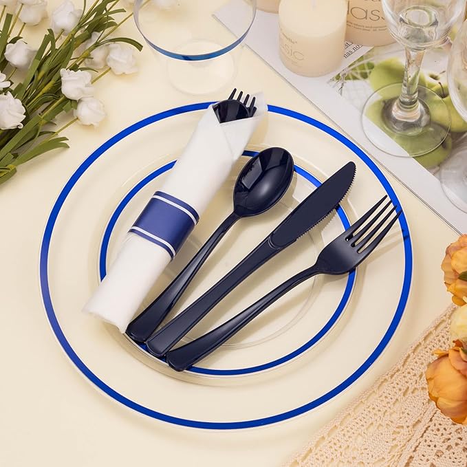 BESTSTAR 350PCS Clear and Blue Disposable Plates Set for 50 Guests, 100 Plastic Plates, 50 Cups, 50 Pre-Rolled Napkins with Plastic Cutlery for Graduation Party, Birthday, Thanksgiving, Christmas