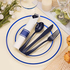 BESTSTAR 350PCS Clear and Blue Disposable Plates Set for 50 Guests, 100 Plastic Plates, 50 Cups, 50 Pre-Rolled Napkins with Plastic Cutlery for Graduation Party, Birthday, Thanksgiving, Christmas