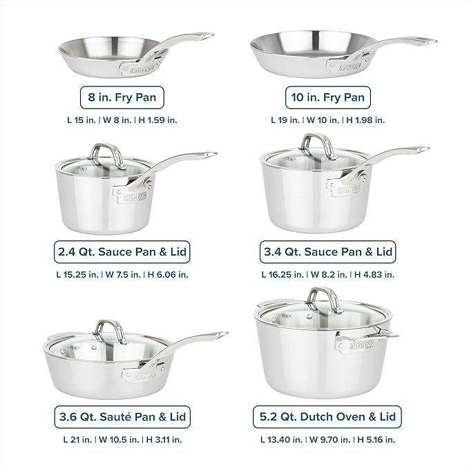 Viking Contemporary 3-Ply Pots and Pans Set, 10 Piece Stainless Steel Kitchen Cookware, Silver