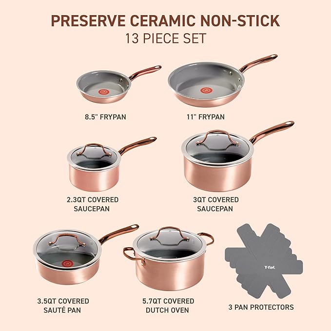 T-fal Preserve Ceramic, Non stick Cookware Set 13-Piece, Oven & Broiler Safe up to 350°F, Includes Stockpot, Saucepans, Frying Pans, Protectors, Pots and Pans, Rose Gold
