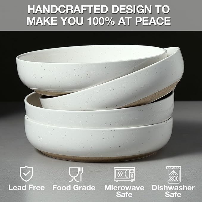 Gencywe 8.3" Pasta Bowls Set of 4, 34 oz Ceramic Salad Bowls, White Serving Plate, Wide and Shallow Bowl for for Fruits, Noodle, Dinner, Housewarming Wedding Christmas Dishwasher and Microwave Safe