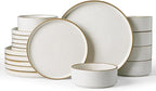 Famiware Nebula Plates and Bowls Sets, 18 Pieces Stoneware Dinnerware Sets, Reactive Glaze Dish Set, Dishes Set for 6, Matte Beige White with Brown Rim