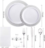 WELLIFE 700 Pieces Silver Disposable Plastic Dinnerware, Includes:100 Dinner Plates, 100 Dessert Plates, 100 Cups, 400 Pre Rolled Napkins with Silver Cutlery