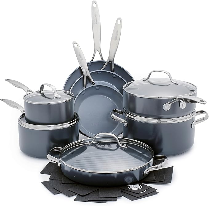 GreenPan Valencia Pro Ceramic Nonstick 16 Piece Cookware Set, Hard Anodized PFAS-Free Pots & Pans, Induction Ready, Compatible on All Cooktops, Dishwasher Safe, Oven Safe to 600F, Gray