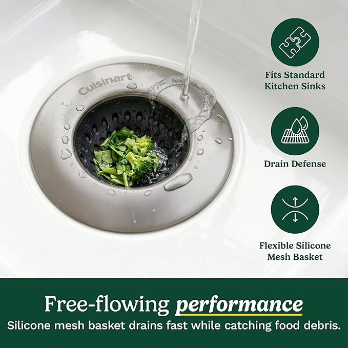 Cuisinart 2 Piece Sink Set – Sink Drain Strainer with Stainless Steel Rim & Silicone Mesh Base & Sponge Holder for Kitchen Sink, Metal Caddy with Triple Suction Cups, Daily Kitchen Essentials