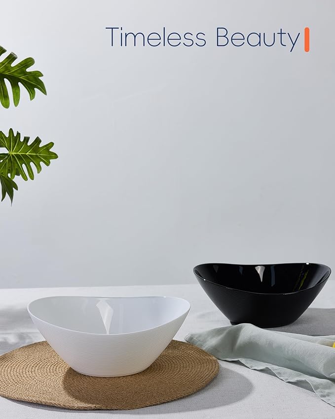 LaGlint 66 OZ Salad Bowl Set of 2, Opal Glass 10 inch Lightweight Serving Dishes for Salad, Fruit, Kitchen Microwave & Dishwasher Safe, Oval Shape White