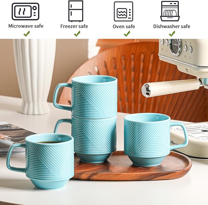 Stackable Coffee Mugs Set: 13 oz Ceramic Stacking Cups for Cappuccino Latte Tea - Microwave Safe Mug for Home & Office - 4 PCS, Turquoise