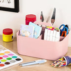 Multiuse Caddy Organizer with Handle, Portable Divided Plastic Tote Bin - Art Craft, Stationary Pen Marker Crayons, Makeup Hair Supplies Storage - Bathroom, Classroom, Dorm, Office, Desk Holder - Pink