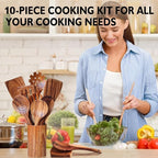 Wooden Spoons for Cooking 10 Pieces Set, Kitchen Utensils Spatula, Wooden Cooking Utensils Spoons, with Spoon Rest, Strainer Spoon, Pasta server, Fried Spatula and Salad Fork, Utensil Holder