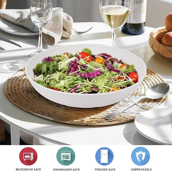 Wrova Salad Bowls 10inch Serving Bowls 65oz Large Salad Bowls Wheat Straw Bowls Set of 2 Wide and Shallow Plastic Salad Bowl for Kitchen Microwave & Dishwasher Safe.White