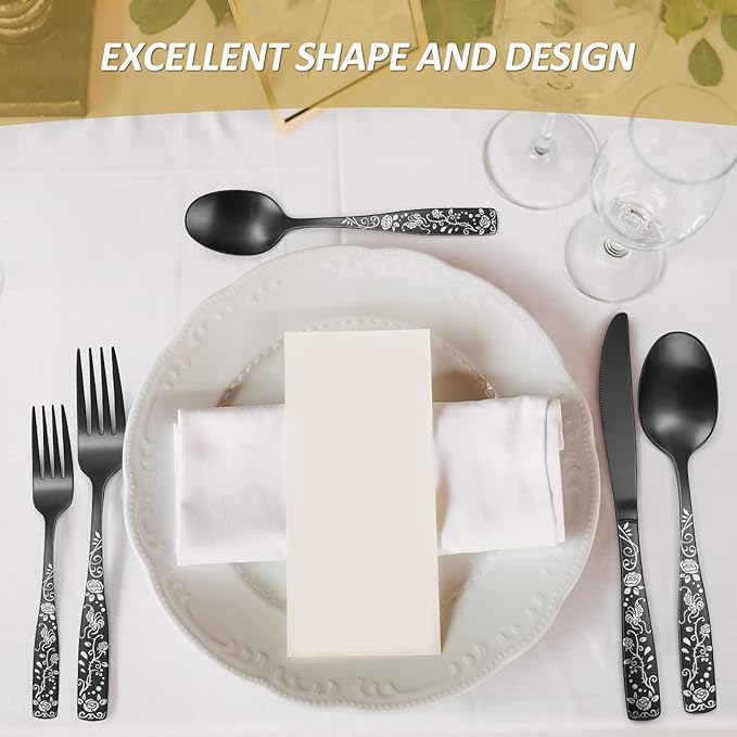 Matte Black Rose Flower Pattern Silverware Set for 8,OIULO 40-Piece Flatware set,18/0 Stain Finish Stainless Steel Decorative,Vintage Cutlery 8,Design Handle,Daily Party Event Serving Dishwasher Safe