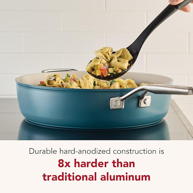 KitchenAid Hard Anodized Ceramic Induction Nonstick Cookware Saute Pan/Jumbo Cooker with Lid and Helper Handle, Dishwasher Safe, 5 Quart Non Stick Sauteuse with Stainless Steel Handles - Agave Blue