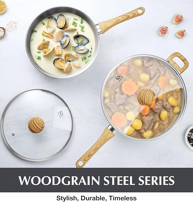 KOCH SYSTEME CS Stainless Steel Saute Pan 12 Inch, 6 Quart Deep Frying Pan with Lid, 18/10 Stainless Steel Saute Pan with Cool-Touch Bakelite Handle, Deep Fry Pan, Induction Ready