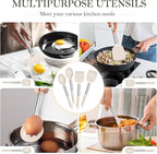 TeamFar Kitchen Utensils, 4 PCS Silicone Cooking Utensils Spatula Spoon Set with Stainless Steel Handle, for Frying Mixing Draining Turning, Healthy & Heat-proof, Non-stick & Dishwasher Safe - Khaki