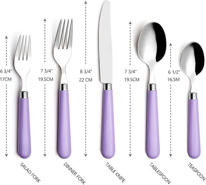 ANNOVA Stainless Steel Colorful Tableware Kitchen Flatware Set Utensils, Includes Dinner Knives, Forks, Spoons, Salad Forks & Dessert Spoons, Modern Rounded Shape (Lilac, 20 Pieces)