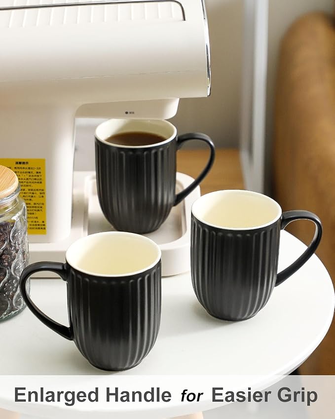 HASENSE 16oz Ceramic Coffee Mugs Set of 4, Black Ribbed Latte Cups with Large Ergonomic Handle, Modern Lightweight, Great for Coffee, Tea & Cocoa, Dishwasher & Microwave Safe