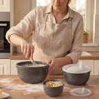 Ceramic Mixing Bowls 3-Piece: Nesting Ceramic Bowls with Lids - Microwave Safe for Kitchen Baking and Serving - Ideal for Home Bakers (Grey)