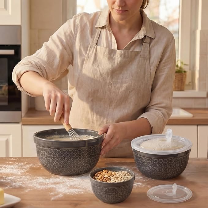 Ceramic Mixing Bowls 3-Piece: Nesting Ceramic Bowls with Lids - Microwave Safe for Kitchen Baking and Serving - Ideal for Home Bakers (Grey)