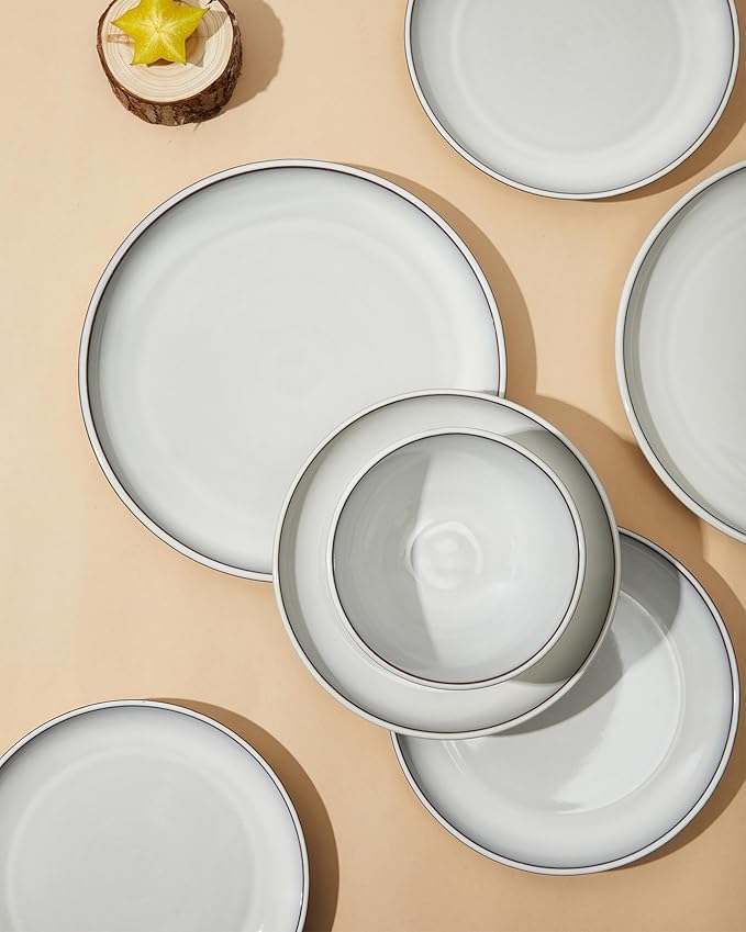Pokini 18 Piece White Stoneware Dinnerware Set for 6, Santorini Mist Terracotta Plates and Bowls with Reactive Glaze, Microwave & Dishwasher Safe, Aesthetic Ceramic Dishes for Family Meals & Hosting