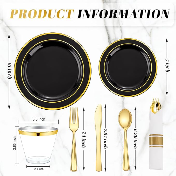 WDF Partyware 175PCS Black and Gold Plates - Black Disposable Plates for Party - 25Guests Disposable Dinnerware Set for Graduation Wedding Party Birthday