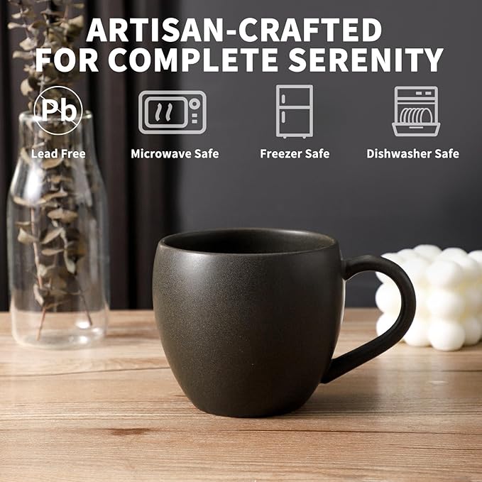 Coffee Mugs Set of 4, Stoneware 18 oz Coffee Mugs for Cappuccino Latte Cocoa and Tea, Ceramic Coffee Cups with Handle,Black Mugs for Housewarming Gifts, Microwave and Dishwasher Safe