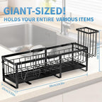 Aurblozen Extra Large Extendable Sponge Holder for Kitchen Sink, Rustproof Sink Caddy Organizer with High Brush Holder, Dish Soap Dispenser Organizers and Storage (Black)