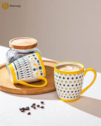 Yeacccng Bohemian Coffee Mugs Set of 6, 15 Oz Ceramic Latte Cappuccino Cups with Yellow Handle, Non-Slip Grip Sturdy Base, Dishwasher Microwave Oven Safe, Scratch-Resistant Boho Tea Mugs