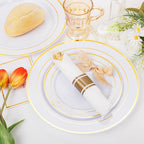 DaYammi 210PCS Gold Plastic Dinnerware Set Gold Plates Disposable Disposable Plates for Party Include: 30 Dinner Plates,30 Dessert Plates,30 Pre Rolled Napkins with Gold Silverware,30 Cups for Wedding