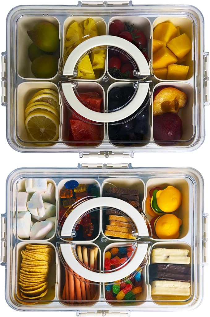 VOUKEN 2PCS Plastic Divided Serving Tray with Lid Snackle Box Charcuterie Container Portable Snack Platters Organizer for Candy, Fruits, Snacks, Nuts, for Party, Entertaining, Picnic (8 Compartment)