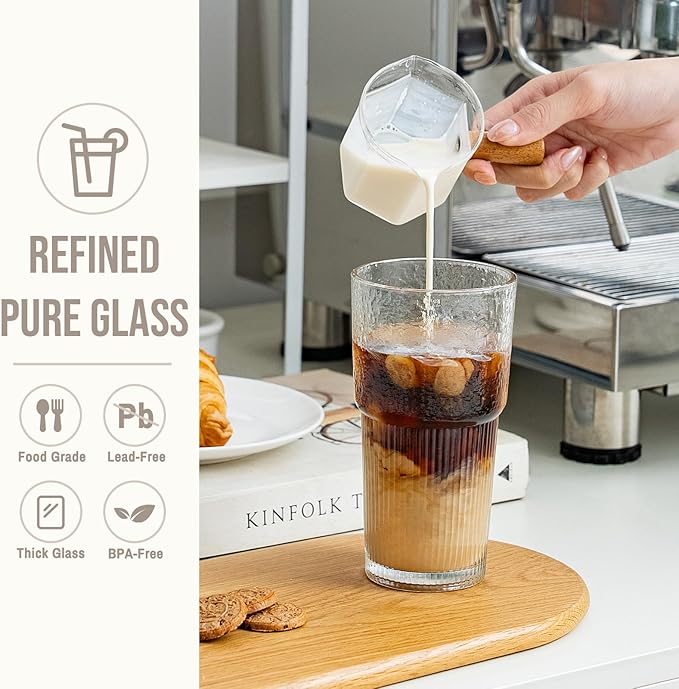 SoulTimes 20oz Glass Tumblers with Lids and Straws, Set of 2 - Stylish Ribbed Design Drinking Glasses for Iced Coffee Cups, Juice, Smoothies, Cold Beverages, Includes Cleaning Brush, Durable Glassware