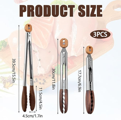 3Pcs Wooden Tongs for Cooking 7" 9" 12" Wooden Salad Tongs Stainless Steel with Hanging Hole and Walnut Wood Tip Wooden Kitchen Tongs, Wooden Tongs for Serving Food BBQ Salad Cooking and Grilling