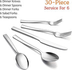 30-Piece Silverware Set, E-far Stainless Steel Flatware Set Service for 6, Modern Tableware Cutlery Set for Home and Restaurant, Square Edge & Mirror Finish, Dishwasher Safe