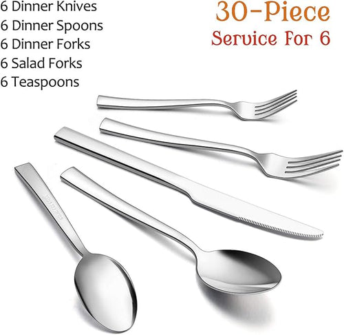 30-Piece Silverware Set, E-far Stainless Steel Flatware Set Service for 6, Modern Tableware Cutlery Set for Home and Restaurant, Square Edge & Mirror Finish, Dishwasher Safe