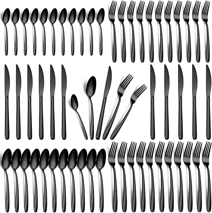 60-Piece Black Silverware Set - Stainless Steel Silverware Set for 12, Includes Forks Spoons and Knives, Utensil Sets for Home Kitchen Restaurant, Dishwasher Safe