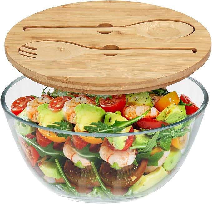 ShineMe Glass Salad Bowl, 4.7 Qt Mixing Bowl with Lid and Built in Utensils, Versatile Trifle Bowl for Serving, Mixing, Preparing, Storing, and Decoration, Large Halloween Candy Bowl
