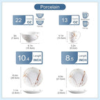 LOVECASA White Dinnerware Sets for 4, 16 Piece Porcelain Dish Set Plates and Bowls Sets, Gold Splash Glaze Ceramic Dinner Set with Mugs, Dishwasher Microwave Safe