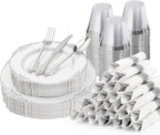 Bestluck 175PCS White and Silver Plastic Plates for 25 Guests, Disposable Dinnerware Sets Include 50 Plastic Plates, 25 Silverwares, 25 Cups, and 25 Pre Rolled Napkins for Party, Graduation