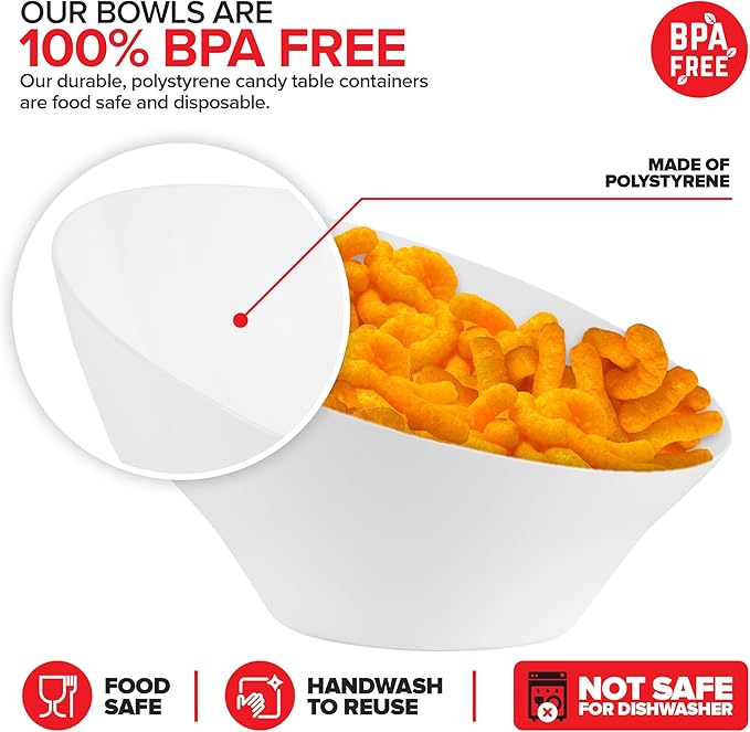 20oz White Plastic Serving Bowls (4 Pack) Medium Disposable Snack Bowl Candy Dishes, Buffet Containers for Chips, Popcorn, Snacks, Mints, Salad Bar, Parties, Office Desk, Bridal Shower, Party Supplies