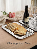 4-Pack Small Silver Serving Trays Set - ZENOVLUX Lightweight Bow Floral Engraved Mirror Decorative Tray, 11.4" x 7" Party Platters for Easter, Food, Appetizer, Charcuterie, Cookies, Desserts