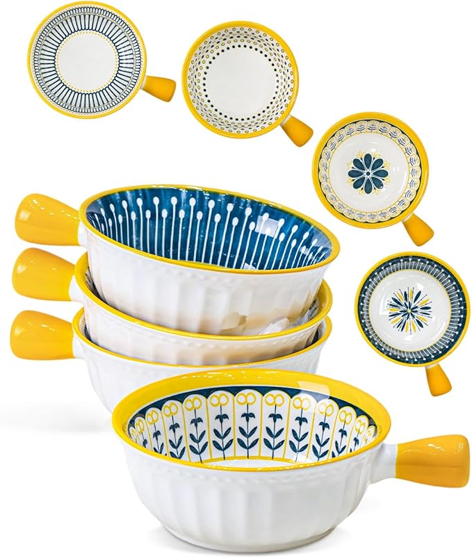Yeacccng Bohemian French Onion Soup Bowls Set of 4-23 Oz Ceramic Soup Bowls with Handle, 6 Inch Soup Bowl for Kitchen, Oven/Microwave Safe, Lead-Free,Scratch-Resistant