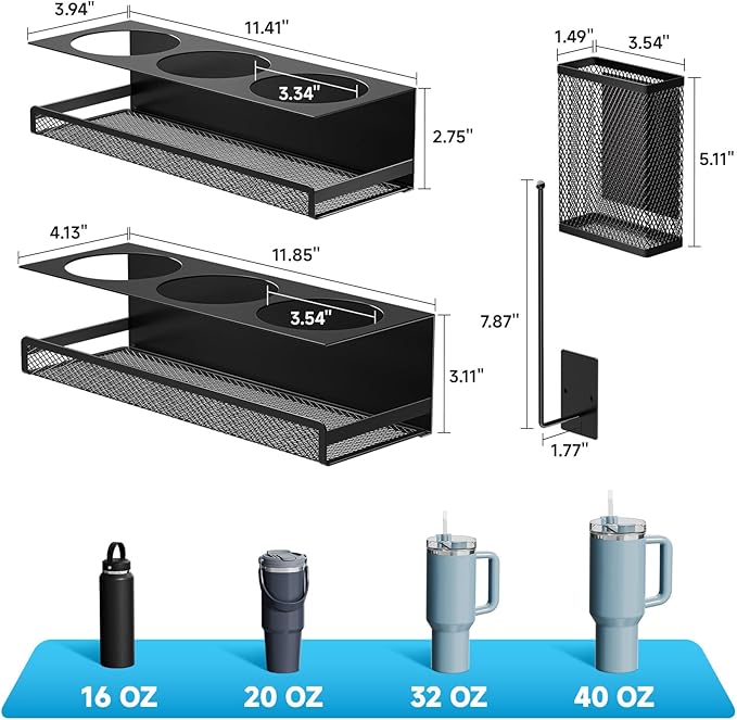 VITVITI 4 Pack Magnetic Cup Holder for Fridge, 40 OZ Metal Tumbler Holder for Stanley Cup, Magnetic Water Bottle Organizer with Lid Straw Holder Set Heavy Duty (Black)