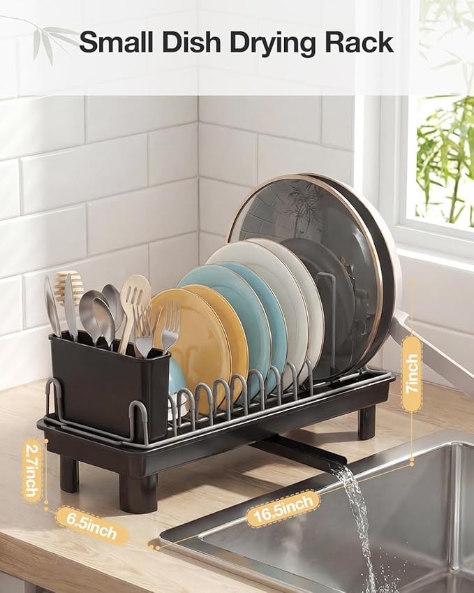 Small Dish Drying Rack Carbon Steel Dish Rack Rustproof for Kitchen Counter Compact Dish Drainer with Adjustable Slots for Small Kitchens & Apartments 16.5×6.5×7inch Black