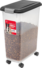 IRIS USA Airtight Dog Food Storage Container, Up to 38 lbs, Attachable Wheels, For Dog Cat Bird and Other Pet Food Storage Bin, Keep Fresh, Translucent Body, Easy Mobility, Black